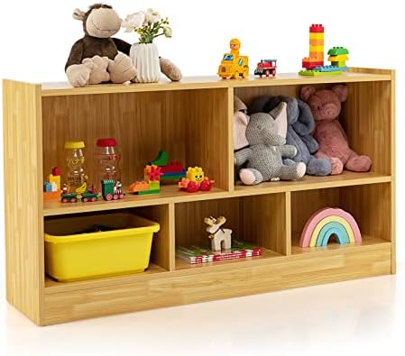 HONEY JOY Kids Toy Storage Organizer, 5-Section Storage Daycare Shelf for Preschool, Children 2-Tier Open Wooden Display Book Shelf Organizer for Classroom, Playroom & Nursery, Kindergarten(Wood)