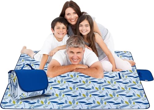 Image of Beach Blanket Outdoor Picnic Blankets Mat 80 inchx60 inch Extra Large Waterproof Sand Proof Camping Blanket Lightweight Folding Portable Travel Blanket for Family Park Beach Grass(Blue Print)