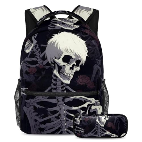 Cartable squelette grand volume série Dark avec trousse imperméable pour étudiants de tout âge