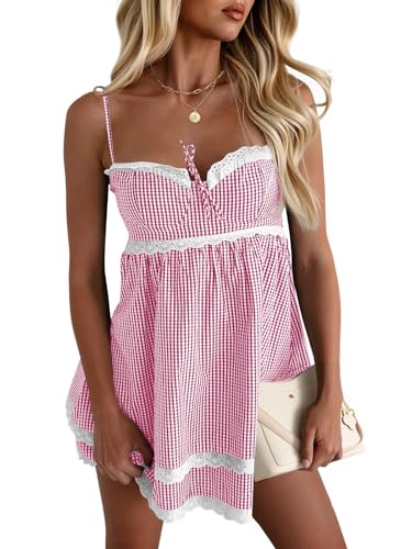 Image of Wenrine Womens Summer Mini Dress Spaghetti Strap Sweetheart Y2K Plaid Lace Trim Tiered Beach Sundress Dresses