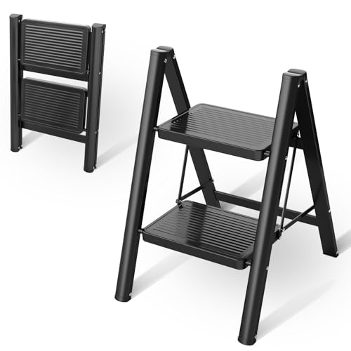 Escabeau pliable à 2 marches - Avec large pédale antidérapante - Capacité de...