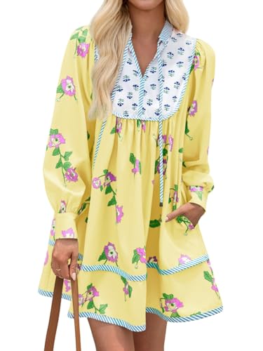 Image of Wenrine Womens Casual Floral Mini Dress Fall Long Sleeve V Neck Patchwork Loose Boho Shirt Dresses