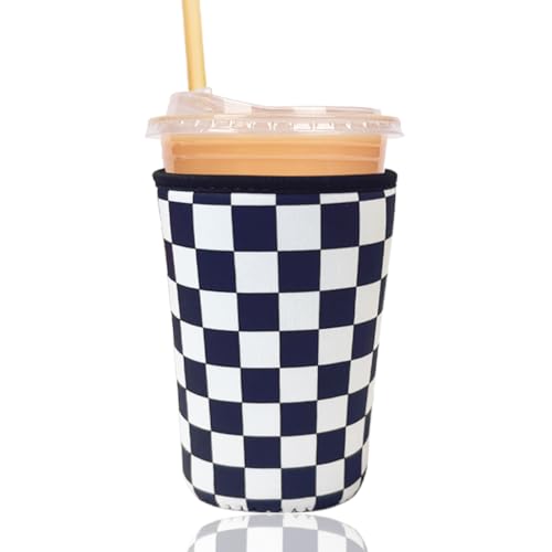 Image of Reusable Insulated Sleeve for Iced Coffee Cup, Coffee Neoprene Sleeve for Cold & Hot Drinks, Beverage Holder for Iced Coffee (Checker Grid, Medium: 22-24oz)