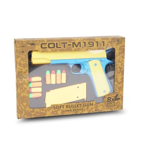 Image of Asian Toy Gun for Kids with Soft Foam Bullets & Ejecting Magazine - Pull-Back Action M1911 Pistol with Sheriff Badge & Extra Bullets - Safe Pretend Play Toy Weapon (Multicolour)