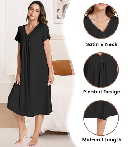 Image of NACHILA Bamboo Viscose Nightgowns for Women Short Sleeve V Neck Sleepwear