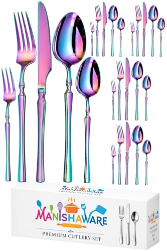 Image of Elegant Handle Rainbow 25 Pcs Stainless Steel Cutlery Set for Dining Table, Dishwasher Safe Glossy Flatware (5 Spoon Set+5 Forks Set+5 Butter Knife+5 Dessert Spoon+5 Fruit Fork)