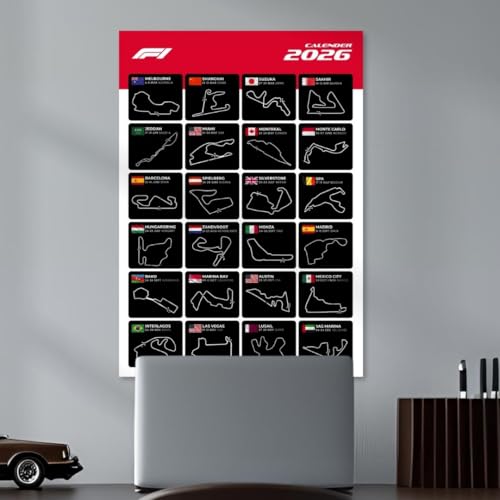 Image of F1 Calendar 2026 Poster | A3 Sized (42 x 29 cm) Formula 1 Race Poster | F1 Race-Calendar 2026 Posters for Wall | F1 Tracks Wall Decor | Monza, Monaco, Suzuka, Silverstone Track Room Decor Framed
