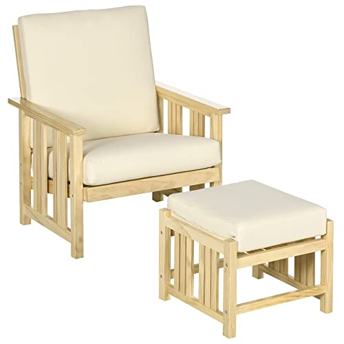GOWE Patio Furniture Set, Wood Outdoor Patio Chair with Ottoman, 2 Piece Cushioned Outdoor Lounge Chair, Sofa Chair with Footrest, Beige