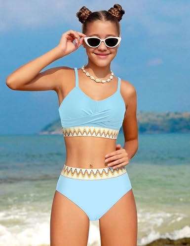 Image of BAVADER Girls Swimsuit 2 Piece Teen Criss Cross Bikini Set Woven Color Block Welt Bathing Suit for Girls Swimwear 9-18T