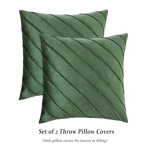Image of GIGIZAZA Decorative Velvet Pillow Covers 18x18, Set of 2 Olive Green Sofa Couch Throw Pillows Covers Cases, Living Room Square Cushion Accent Stripe Covers