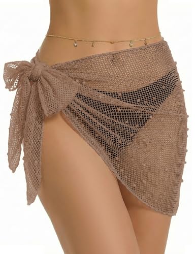 Ekouaer Women's Beach Sarong Wraps Mesh for Women Sparkling Net Embroidery Swimsuit Skirt Bikini Cover Up Camel S
