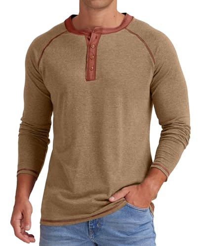 Sailwind Mens Henley Long Sleeve T-Shirt Cotton Casual Shirt (VG-Dark Khaki, L)