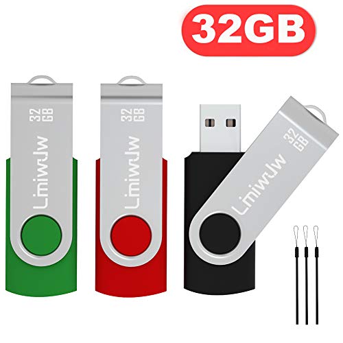3 Piezas 32GB USB 2.0 Pendrives Giratoria Plegable Giratoria Unidades Flash Tarjeta de Memoria (3 Multi Color: Negro Rojo Verde)