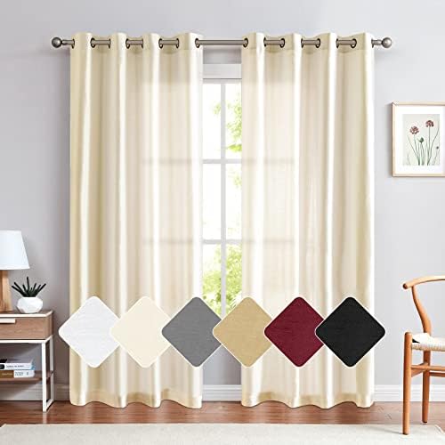 Vangao Light Gold Silk Curtains 84 Inches Long 2 Panels for Living Room Bedroom Faux Satin Semi-Sheer Grommet Top Window Drapes