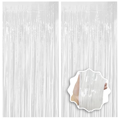 JEBUTU White Foil Fringe Backdrop Curtain 2 Pack 3.3x8.2 Ft White Tinsel Streamers Birthday Party Decorations Fringe Backdrop for Birthday Graduation Christmas Halloween Baby Shower Gender Reveal