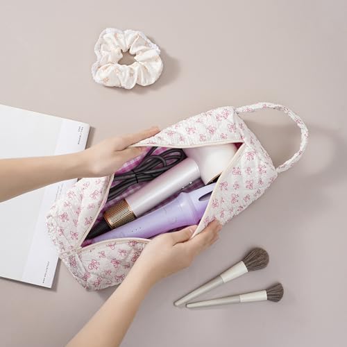 Image of RSRSLEII Quilted Hair Tools Travel Bag，Hair Styling Accessories Storage Case for Shark FlexStyle, Dyson Airwrap Hair Dryer, Curling Iron, Revlon Hair Tools，Portable and foldable(05Hollow Bow)
