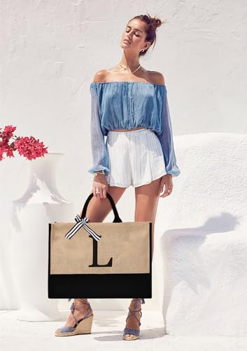 Image of GASSDA Initial Canvas Tote Bag Birthdays Gift for Women Mom Teacher Friend Bridesmaid,Custom for Wedding Beach Holidays