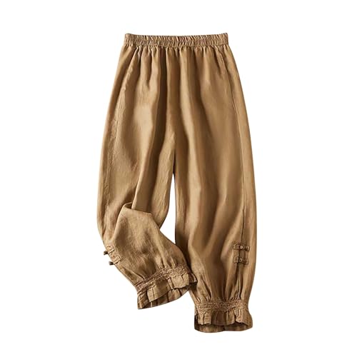 Womens Cotton Linen Pants Vintage Embroidery Elastic Waist Solid Color Casual Pants Ruffle Cropped Trousers Pockets