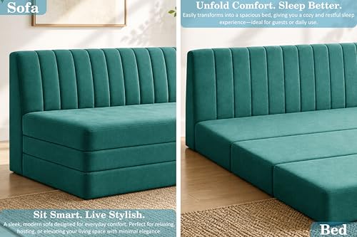 Image of 3-Seater Foldable Floor Sofa Bed with, Modern Velvet Fabric Folding Couch for Living Room, Guest Room & Small Spaces-Green