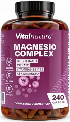 Citrato de Magnesio 1593 mg + Bisglicinato 600 mg con Ashwagandha 1500 mg y Vitaminas B5 y B6 - Fórmula Premium para Energía Natural, Cansancio, Bienestar, Sueño y Músculos - 240 Cápsulas Vitalnatura