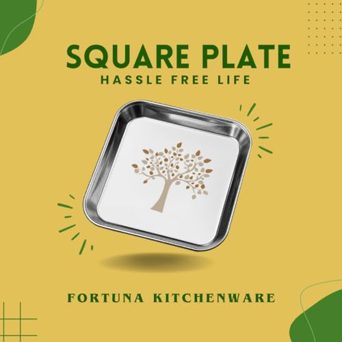 Image of Stainless Steel Plates Set of 6 | Square Plates | Breakfast /Lunch /Dinner Plates Set of 6, Diameter: 8 Inches (Plain) (10 Inches, Laser Print)