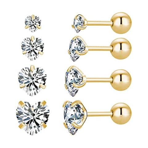 4 Pairs Screw Back Star Heart Square Round Stud Earrings Set, 18K Gold Plated Surgical Stainless Steel Cubic Zirconia Stud Earrings 3-6mm (Gold heart CZ) Cover