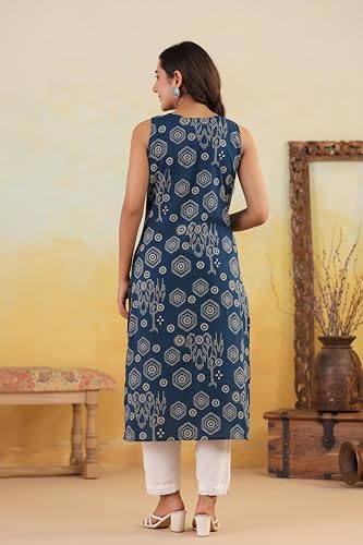 Image of Ichaa Women's All-Over Printed Sleeveless Kurta | Regular Fit Ethnic Kurta | Round Neck Straight Fit Kurta