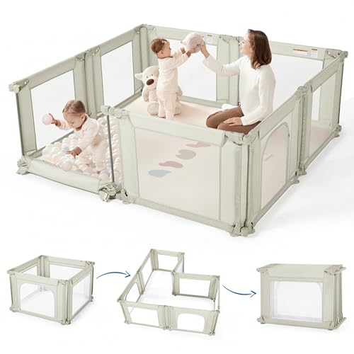 Image of Sweeby Modular Baby Playpen, Customizable & Foldable Playpen for Babies and Toddlers with Easy Access Gate, Portable Indoor & Outdoor Play Yard, Adjustable Shape Kids Activity Center (79 inchx71 inch, Beige)