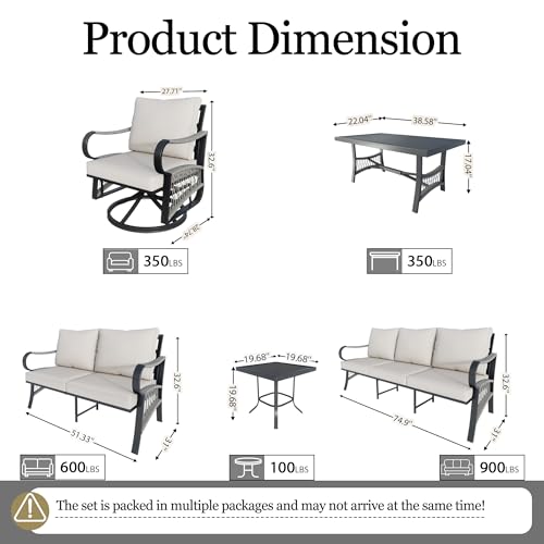 Image of 6 Pieces Patio Conversation Sets, All-Weather Metal Swivel Rocking Chairs with Rope Furniture Set, Outdoor Sofa Couch for Deck, Porch, Garden, Backyard, Poolside (Beige Cushions)