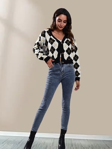 Image of Wowcarbazole Women's Knit Cardigan Sweaters Long Sleeve Argyle Open Front Button Down V Neck Cropped Coats Casual Trendy Tops(Apricot Black-M)
