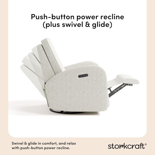 storkcraft santa monica power recliner swivel glider ivory boucle  effortless electronic power recline usb-a amp usb-c charger