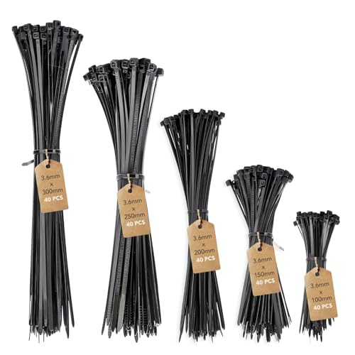 CREATISMO Plastic Cable Ties Black 200 Pcs Black Zip Ties Heavy Duty, Small Cable Tie Wraps for Garden, Office, Home, Assorted Cable Ties in Sizes 100mm, 150mm, 200mm, 250mm, 300mm (40 of Each)