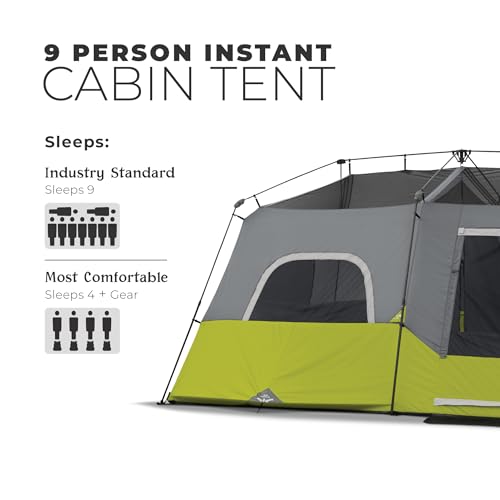 CORE 9 Person Instant Cabin Tent | Large Multi Room Family Pop Up Tent for 2 Minute Camp Setup | Included Storage Pockets for Camping Accessories