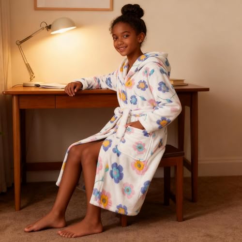 Image of Girls Fleece Hooded Robes Kids Warm Bath Robe for Girls Soft Fuzzy Bathrobe