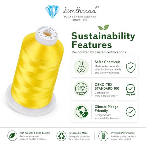 Image of Simthread 5500Yds Embroidery Thread, 5000M High-Yardage 40WT 100% Polyester Thread - 170+ Vivid Colors, High-Speed Rated - Compatible with Brother, Singer, Janome & More - Sunshine Yellow S022