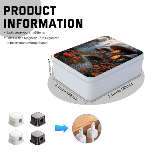 Image of Metal Tin Box with Lid,Multi-functional Storage Large Box Can Store Tea Biscuits Game Cards, Playing & Tarot Cards-Comes with 4 Magnetic Cord Clips,Mushroom Houses in Forest