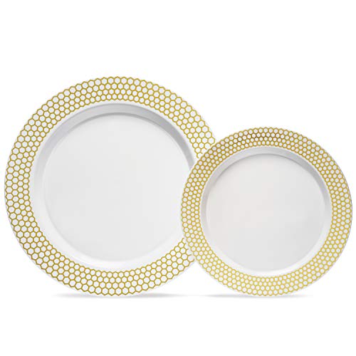 175 Piece Gold Rim Design Dinnerware Set -Heavyweight Tableware - Disposable or Reusable-25 Dinner Plates- 25 Salad Plates or Dessert Plates – 25 Napkins-25 Tumbler Cups-25 Knives -25 Forks-25 Spoons