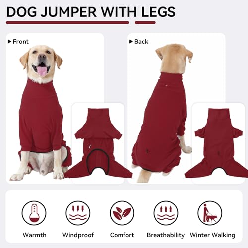 Hjyokuso Hundemantel Winter, Warmer Fleece Hundepullover mit Beinen, Weiche Vierbeinige Hundejacke für Kleine & Mittelgroße Hunde, Hundebademantel Fleece Hunde Pyjama Bekleidung Rot S