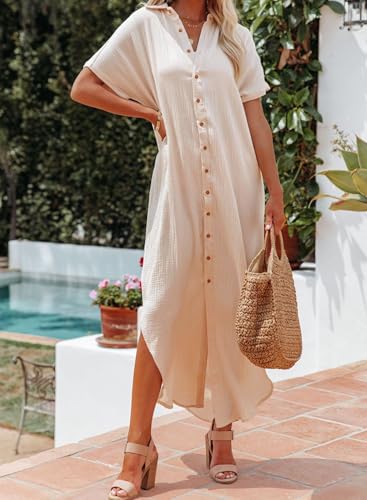Image of Dokotoo Womens Long Cardigans Swimsuit Cover Ups Summer Beach Dress | Beach Vacation Clothes,Button Down Long Kimonos Cardigan,Side Split,Loose Fit Bathing Suit,Swimsuit Coverups Summer Dresses