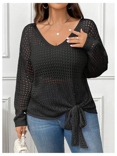 Verdusa Women's Plus Size Hollow Out Crochet Sweaters Bow Tie Knot Pullover Knit Tops3