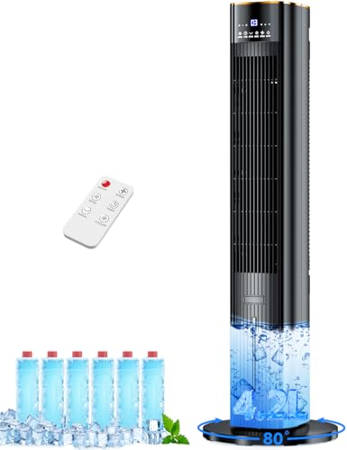 Image of HIFRESH 107CM Tower Fans w /Cooling, Memory & Aroma Function, Remote & Touch Screen, 4 Modes & 3 Speeds,15H Timer, 4.2L Dual Tanks, 6 Ice Pack, 22Ft Air Throw, Low Power Consumption Tower Fan for Room