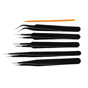 Catchex ESD Safe Tweezers & Spudger Set for Electronics Repair, Soldering, Crafting and Jewelry - 5 ESD Safe Tweezers, 1 Spudger (Black, Orange)