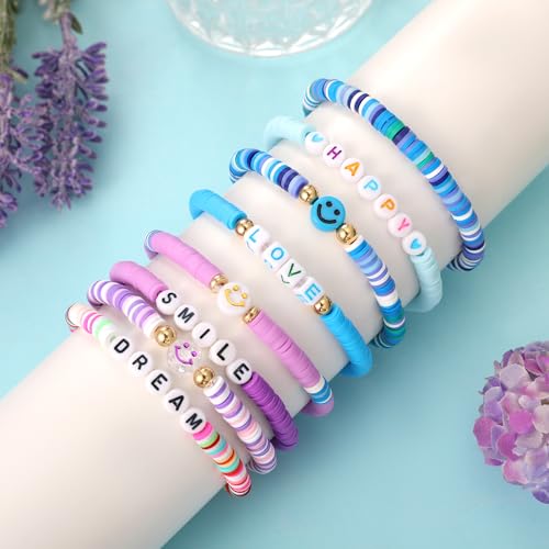 Image of Preppy Bracelets Set Colorful White Gold Smile Heart Star Polymer Beaded Pearl Clay Stackable Charm Y2K Kidcore Aesthetic Summer Beach Bohemian Stretch Layering Bracelets Jewelry for Girls Women Teens