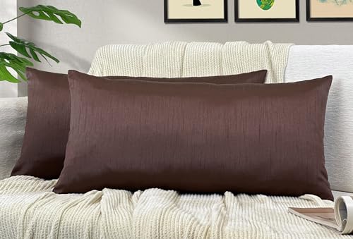 Aiking Home 12x24 Inches Faux Silk Rectangular Throw Pillow Cover, Zipper Closure, Brown (Set of 2)