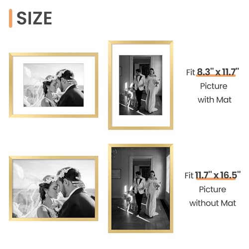 Image of upsimples A3 Picture Frame, Display Pictures 8.3x11.7 with Mat or 11.7 x 16.5 Without, Wall Hanging Poster Frames, Gold, 1 Pack