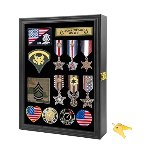 Military Pin Display Case Shadow Box Solid Pine Wood Medal & Badge Display Frame with UV Protection Acrylic Door Lockable Wall Mounted Holder for Patches Insignia & Ribbons 15.4 x 11.2 (Black)