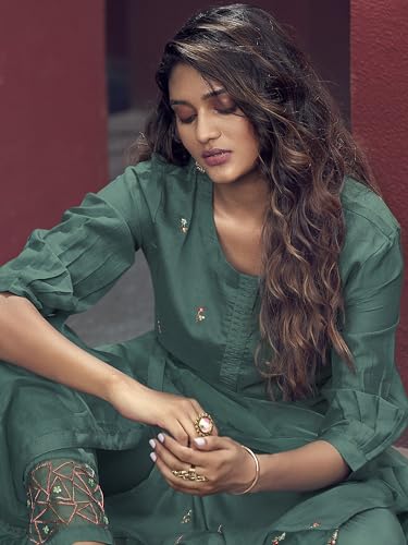 Image of INDO ERA Women's Chiffon Embroidered Straight Kurta Trouser With Dupatta Set
