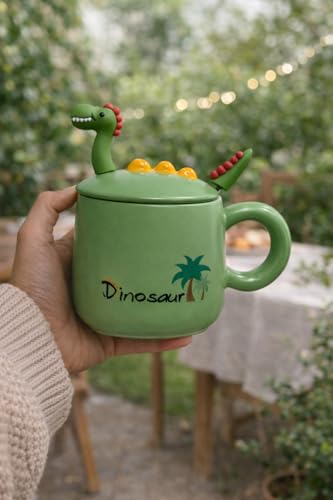Image of Coffee Mug, Gift for Woman, Birthday Present for Girlfriend, Present for Wife Birthday, Mugs for Present, Holi Gifts, Panda Mug with Lid & Spoon (Dinosaur Green)