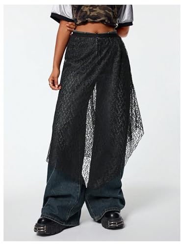 MakeMeChic Women's Y2K Lace Skirt Asymmetrical Sheer Midi Skirts Beach Cover up3