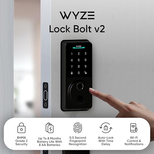 Wyze Auto-Lock Bolt v2, Fingerprint Keyless Entry Smart Lock, AI Learning Scanner with Wi-Fi Front Door Lock Deadbolt, Auto-Lock, 8 Months Battery, BHMA2, IP53, Anti-Peep Keypad, Backup Keys thumbnail 2